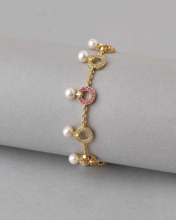 Elegant Pearl Bracelet with CZ Circle Charms