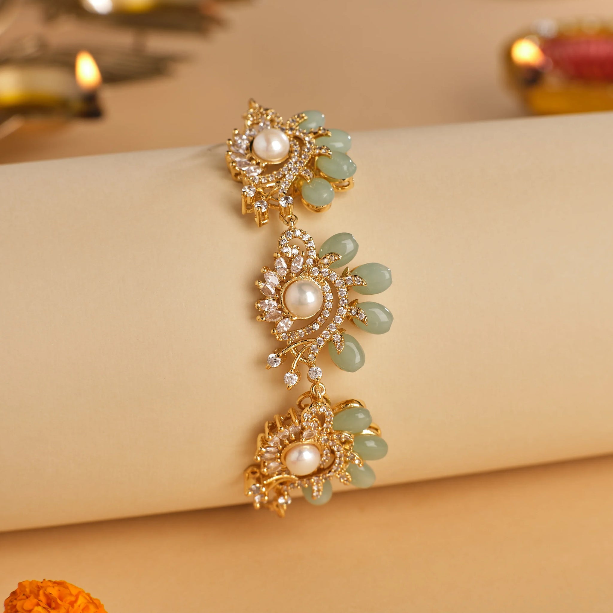 Elegant Pearl & Green Stone Floral Bracelet