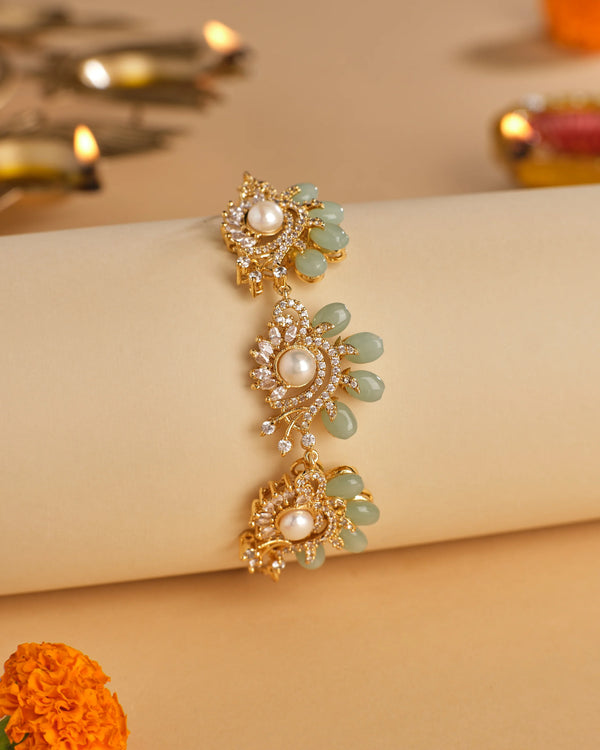 Elegant Pearl & Green Stone Floral Bracelet