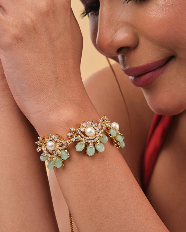 Elegant Pearl & Green Stone Floral Bracelet