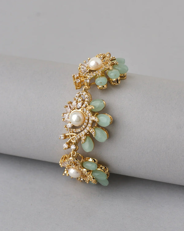Elegant Pearl & Green Stone Floral Bracelet