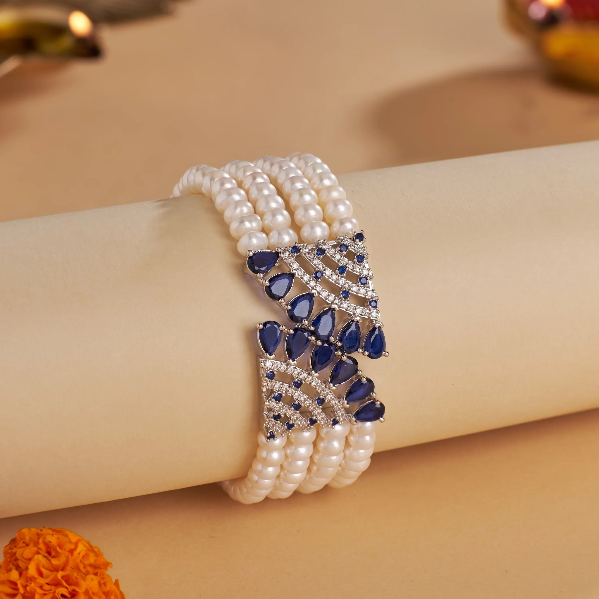 Elegant Multi-Strand Pearl Bracelet with CZ Accents