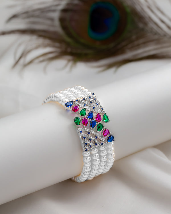 Elegant Peacock Motif Pearl Bracelet with CZ Stones