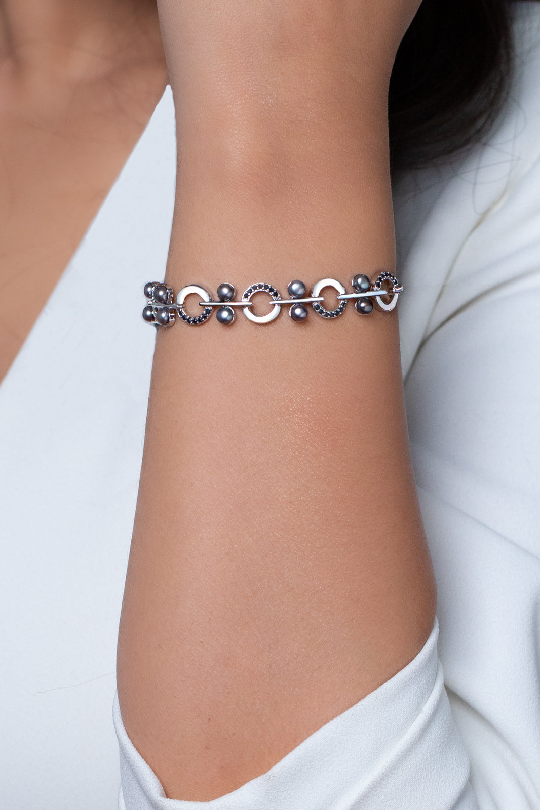 Black Bead Chain Bracelet with Rhodium Finish