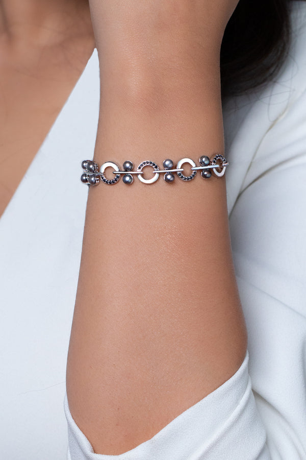 Black Bead Chain Bracelet with Rhodium Finish