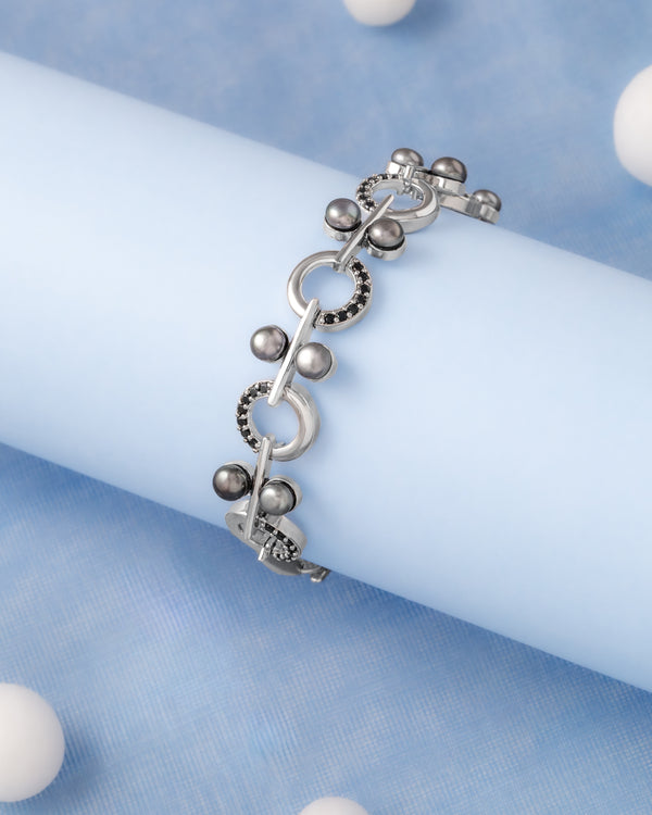Black Bead Chain Bracelet with Rhodium Finish