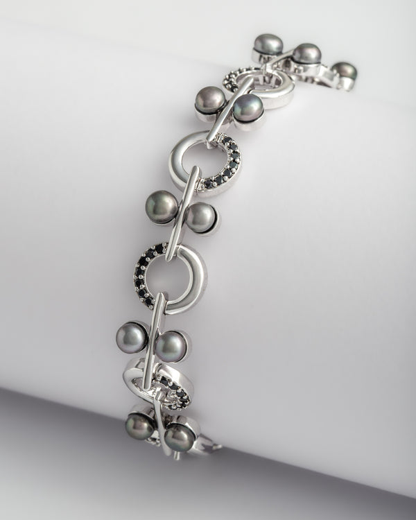 Black Bead Chain Bracelet with Rhodium Finish