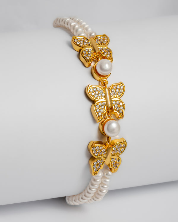 White Pearl Bracelet with Gold Finish Butterfly Motifs