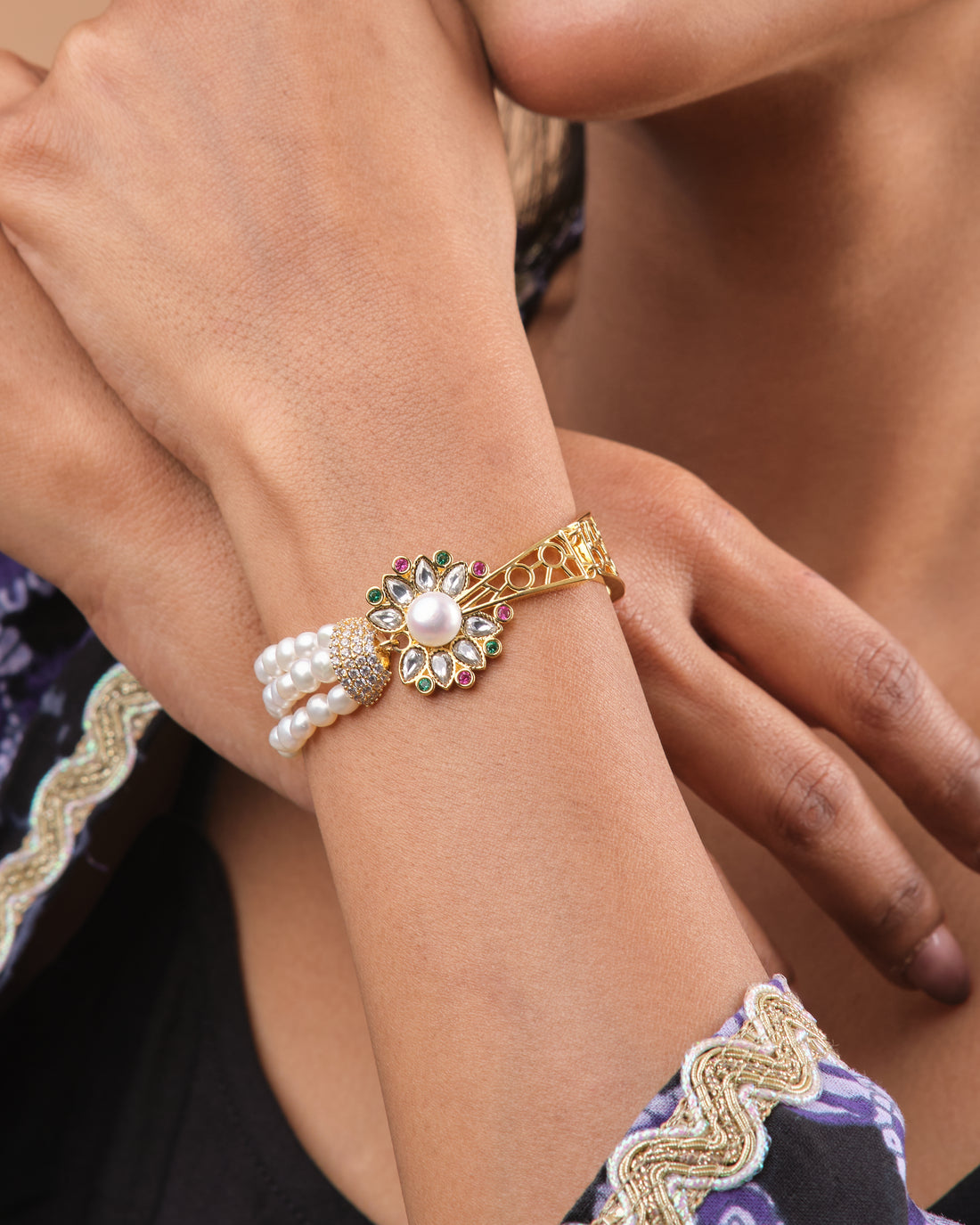 Floral Navratna Pearl Bracelet