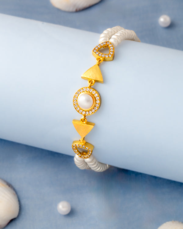 White Pearl Bracelet with Gold Geometric CZ Accents