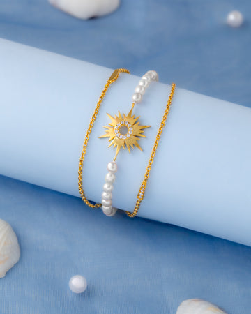 White Pearl Chain Bracelet with Gold Sunburst Charm