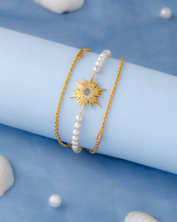 White Pearl Chain Bracelet with Gold Sunburst Charm