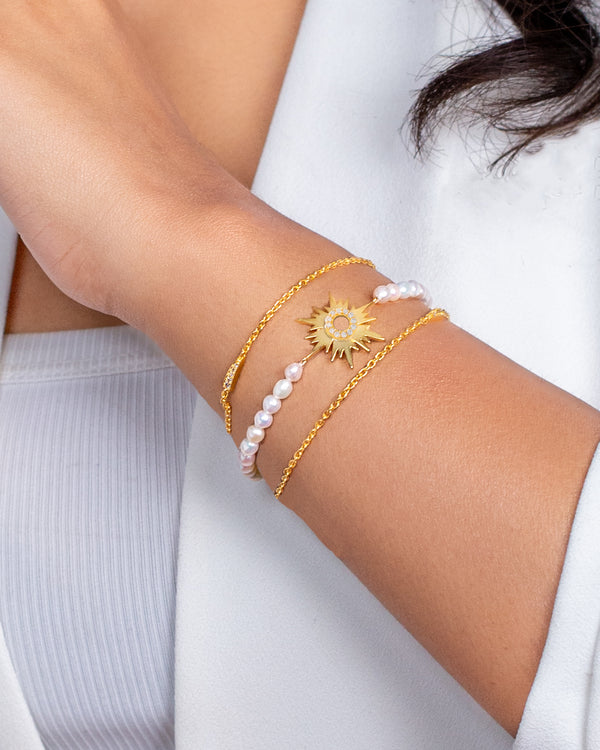 White Pearl Chain Bracelet with Gold Sunburst Charm