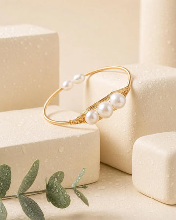Gold-Toned Wire-Wrapped Pearl Cuff Bracelet