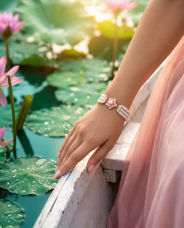 Pink Enamel Lotus Triple Strand Pearl Bracelet