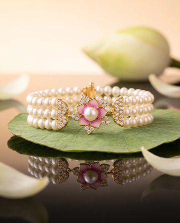 Pink Enamel Lotus Triple Strand Pearl Bracelet