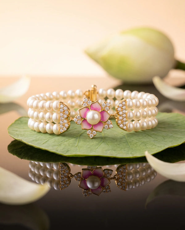 Pink Enamel Lotus Triple Strand Pearl Bracelet
