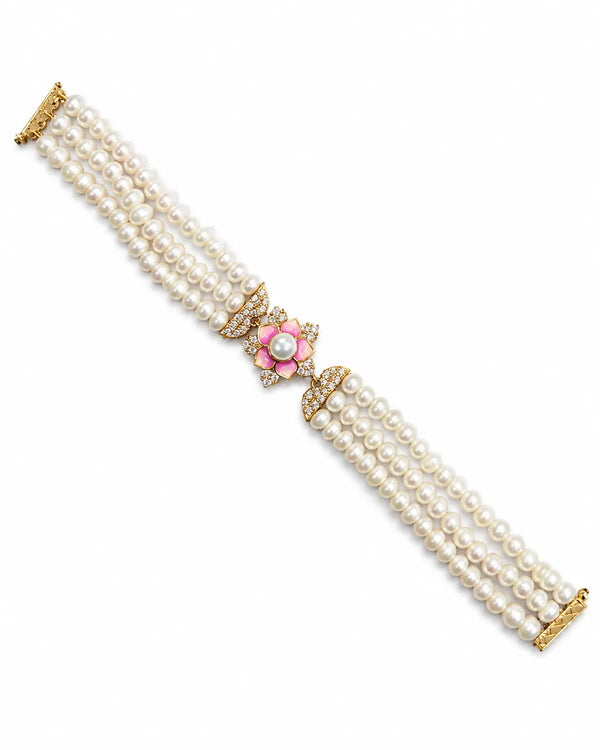 Pink Enamel Lotus Triple Strand Pearl Bracelet