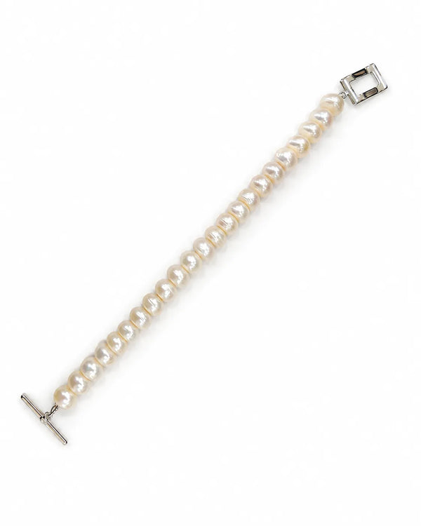 Lustrous Pearl Strand Bracelet with Silver Geometric Toggle Clasp