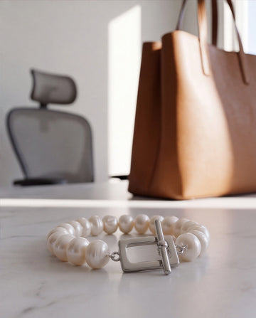 Lustrous Pearl Strand Bracelet with Silver Geometric Toggle Clasp