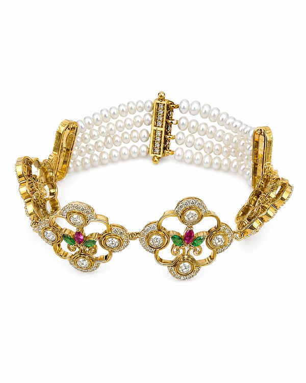 Multi-Strand Pearl Bracelet with Floral CZ, Ruby & Emerald Accents