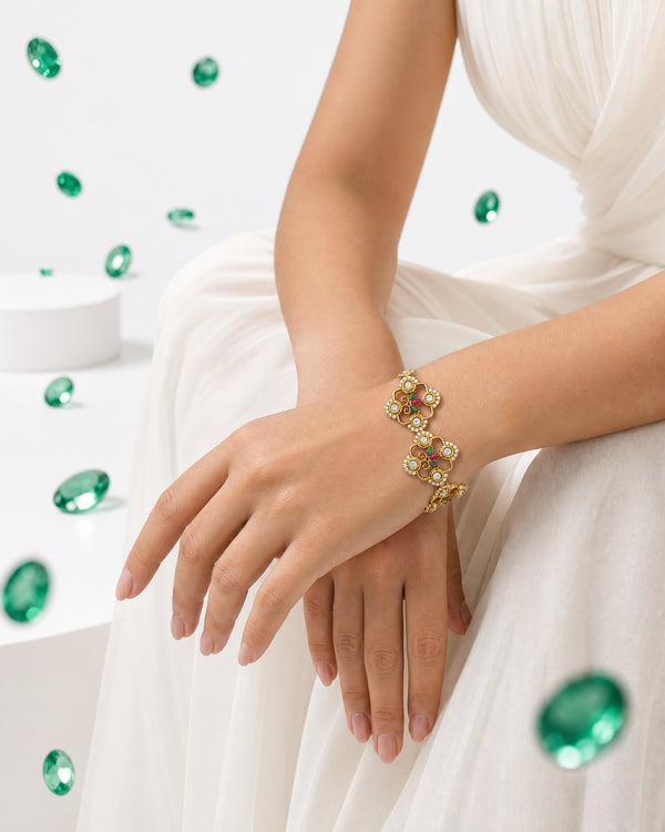 Multi-Strand Pearl Bracelet with Floral CZ, Ruby & Emerald Accents