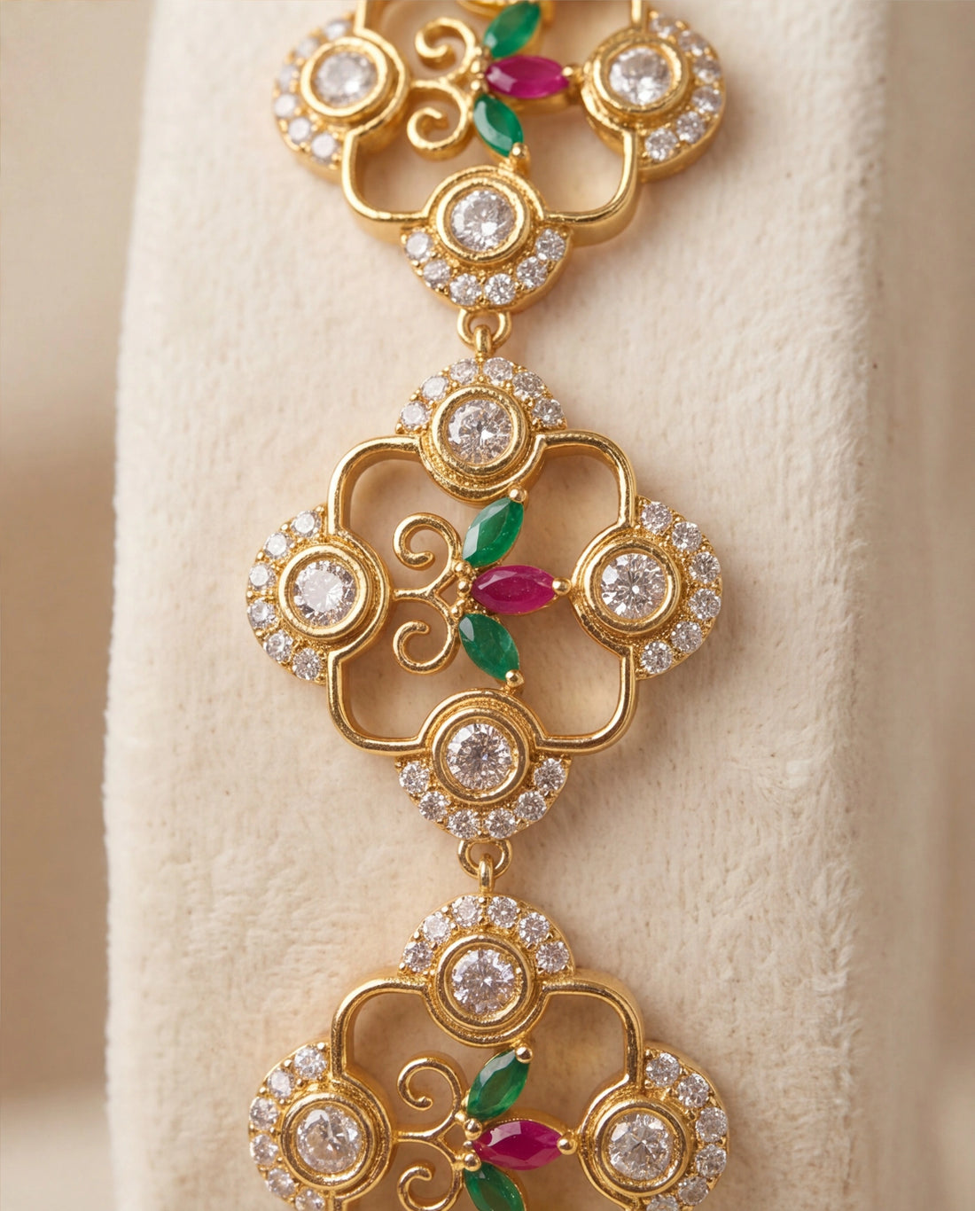 Multi-Strand Pearl Bracelet with Floral CZ, Ruby & Emerald Accents
