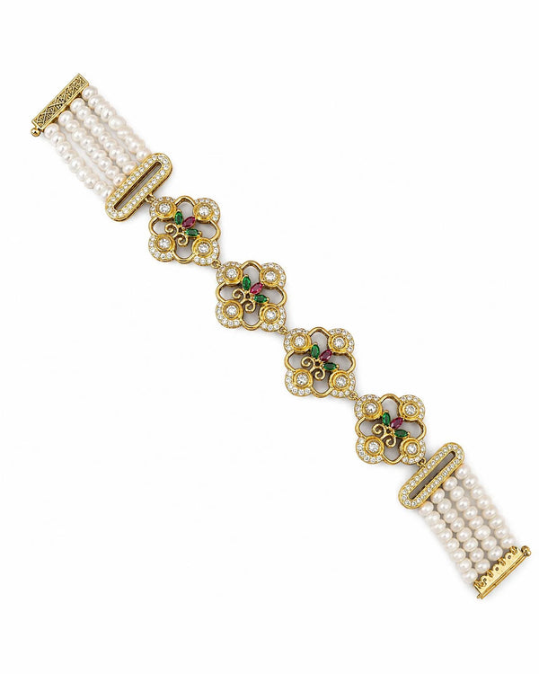 Multi-Strand Pearl Bracelet with Floral CZ, Ruby & Emerald Accents