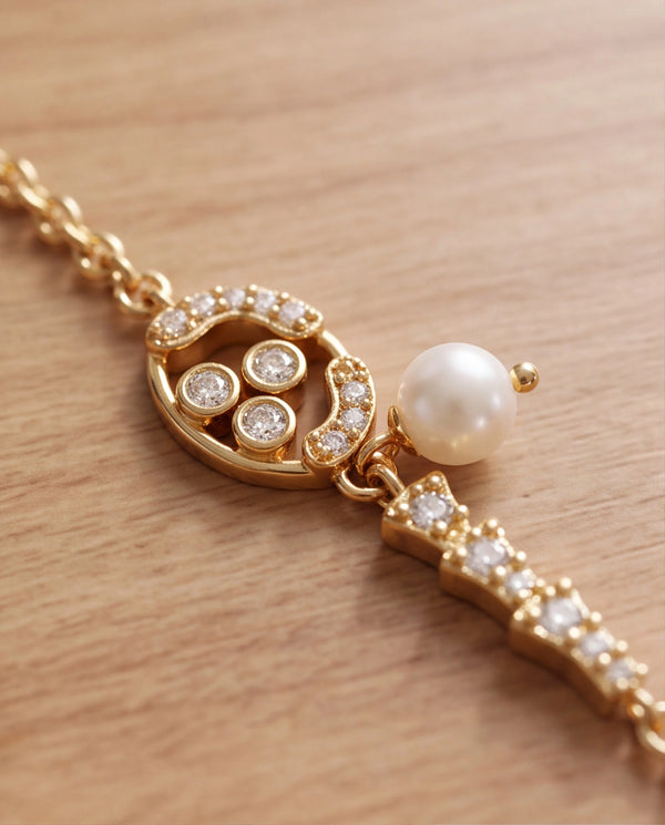 Gold-Tone Floral Motif Pearl & CZ Chain Bracelet