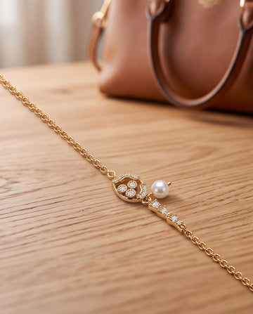 Gold-Tone Floral Motif Pearl & CZ Chain Bracelet