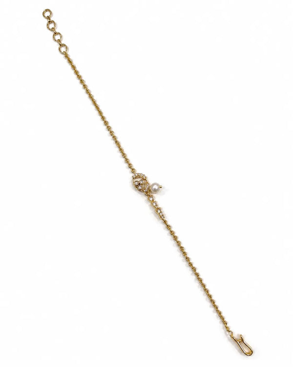 Gold-Tone Floral Motif Pearl & CZ Chain Bracelet