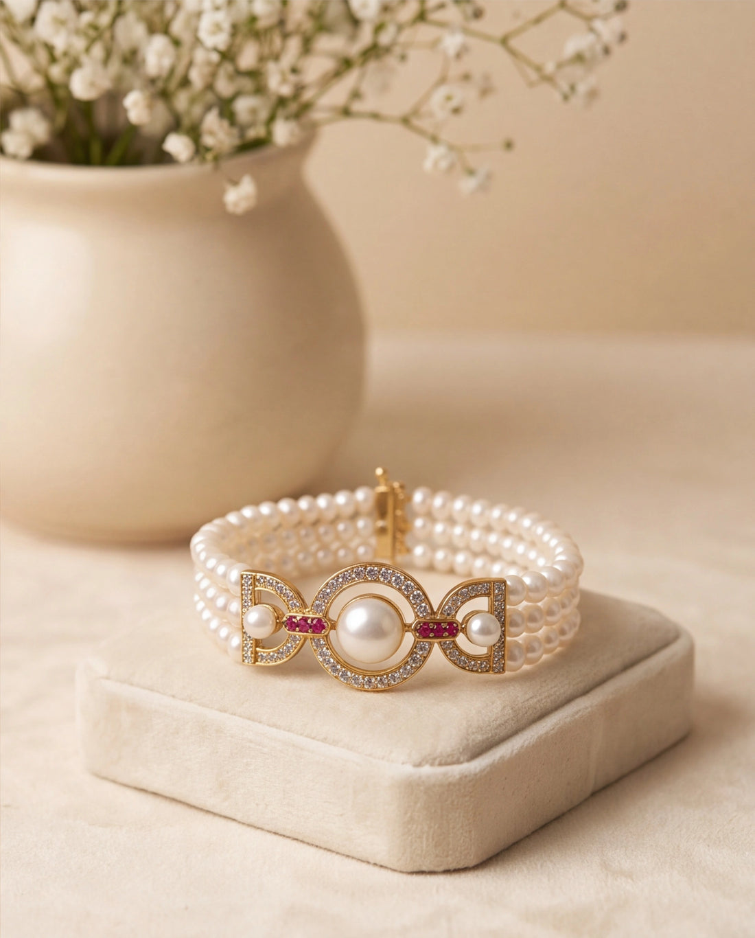 Three-Strand Pearl Bracelet with Circular CZ Centerpiece & Ruby Accents