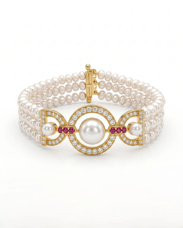 Three-Strand Pearl Bracelet with Circular CZ Centerpiece & Ruby Accents