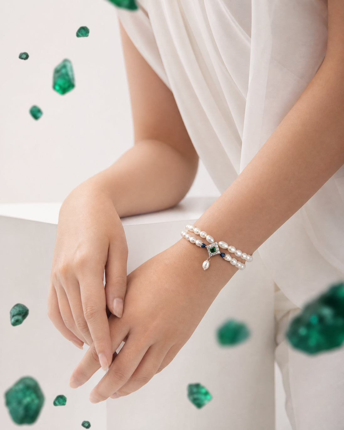 Art Deco Rhodium Pearl Bracelet with Geometric Emerald & Sapphire Accent