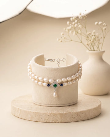 Art Deco Rhodium Pearl Bracelet with Geometric Emerald & Sapphire Accent
