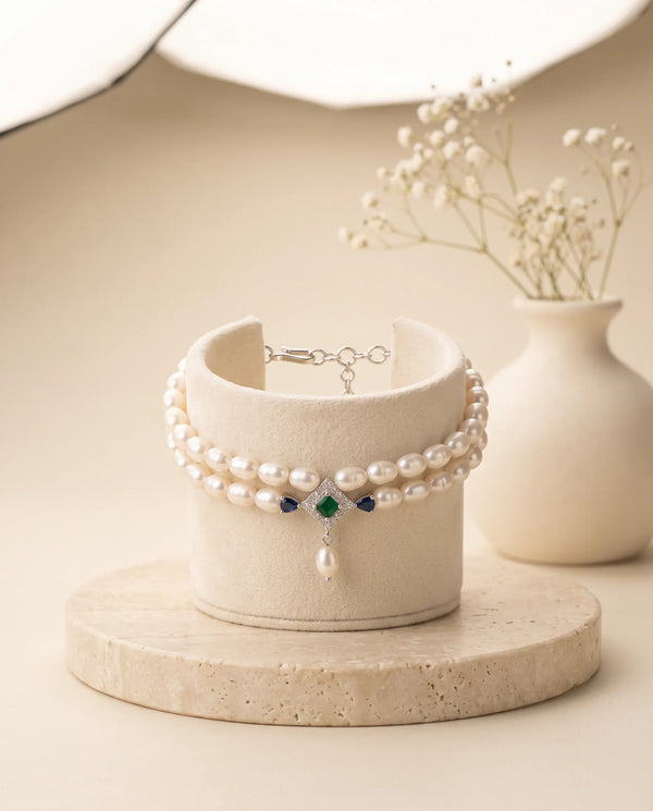Art Deco Rhodium Pearl Bracelet with Geometric Emerald & Sapphire Accent