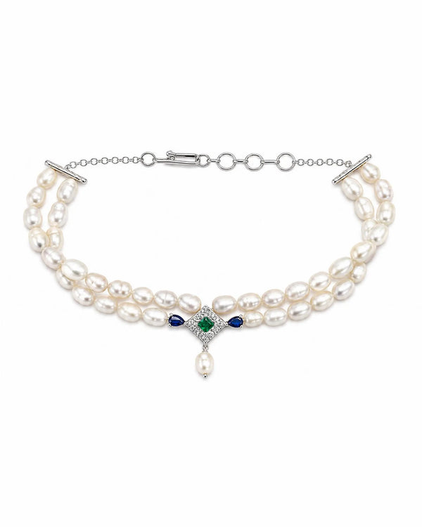 Art Deco Rhodium Pearl Bracelet with Geometric Emerald & Sapphire Accent