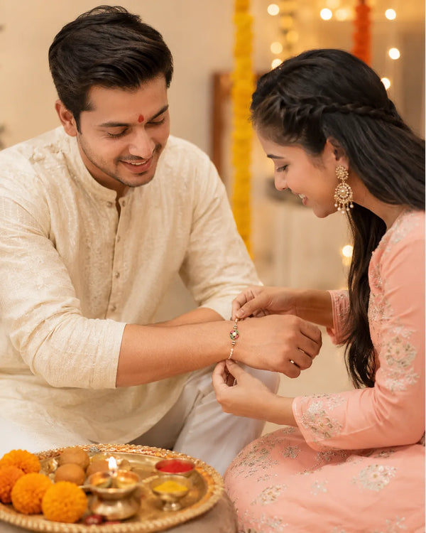 Pearl & CZ Gemstone Dual-Tone Rakhi cum Bracelet
