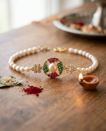 Pearl & CZ Gemstone Dual-Tone Rakhi cum Bracelet