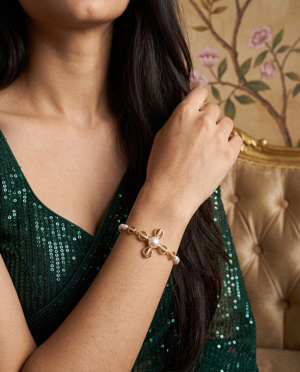 Pearl & CZ Clover Motif Gold-Plated Bracelet