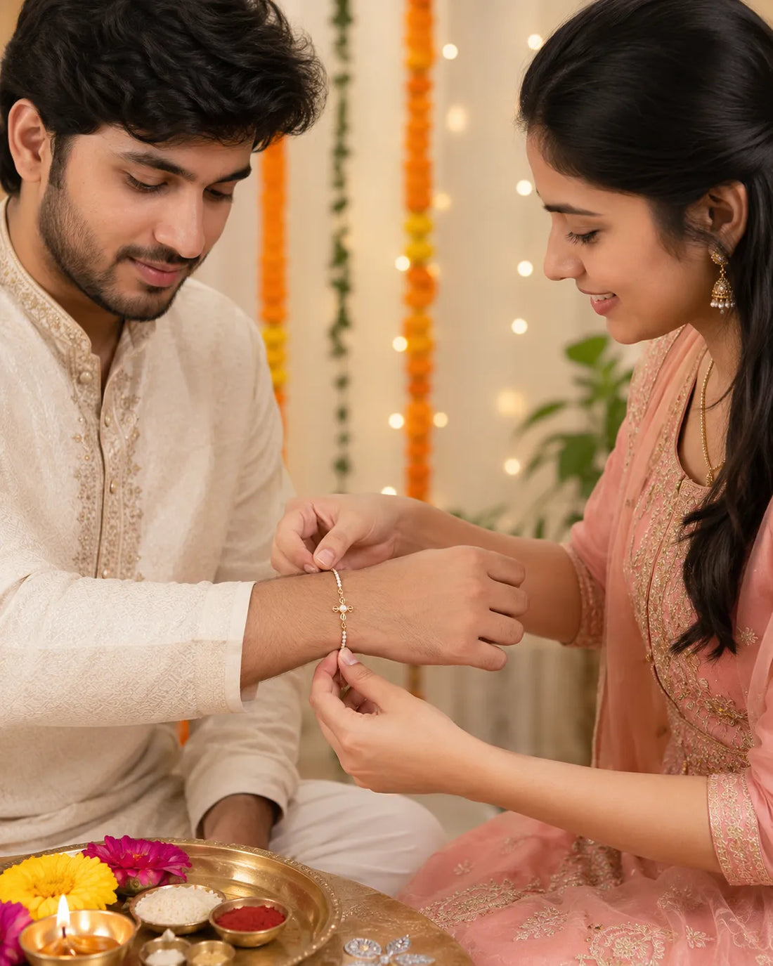 Pearl & CZ Clover Motif Gold-Plated Rakhi cum Bracelet