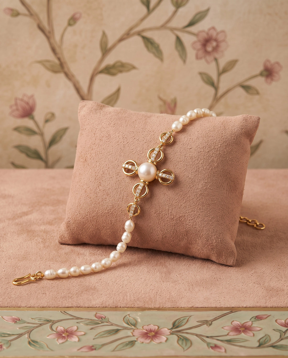 Pearl & CZ Clover Motif Gold-Plated Bracelet