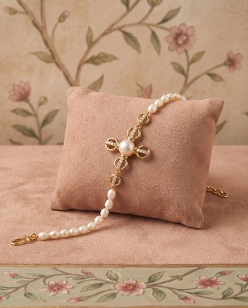 Pearl & CZ Clover Motif Gold-Plated Bracelet