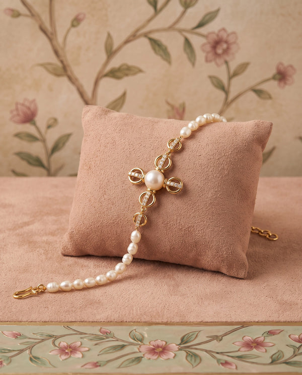 Pearl & CZ Clover Motif Gold-Plated Bracelet