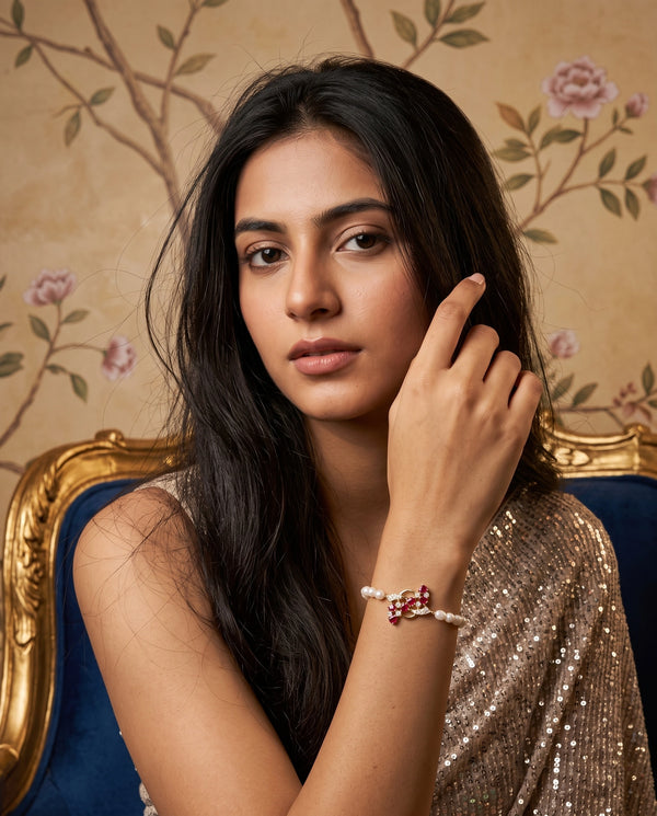 Pearl & Ruby-Style CZ Floral Motif Bracelet