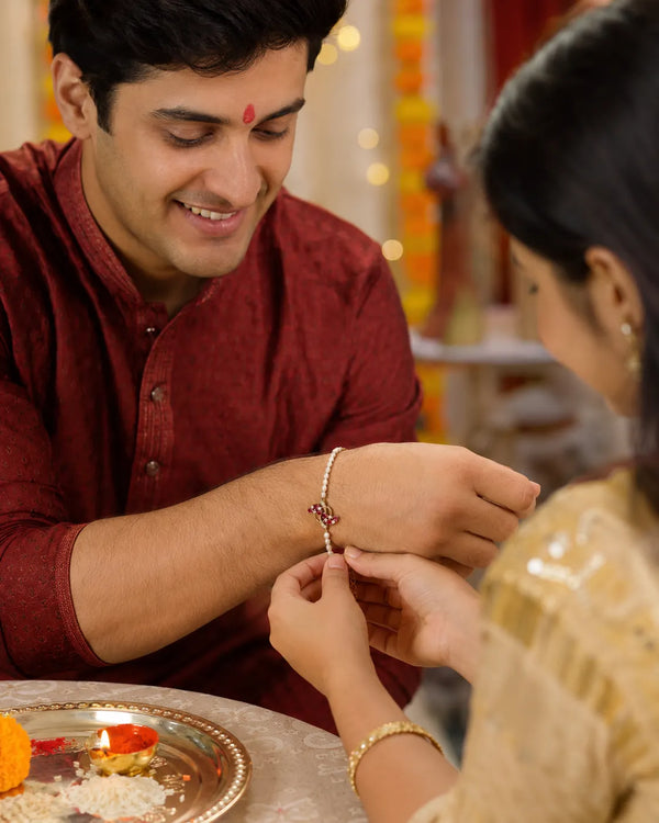 Pearl & Ruby-Style CZ Floral Motif Rakhi cum Bracelet