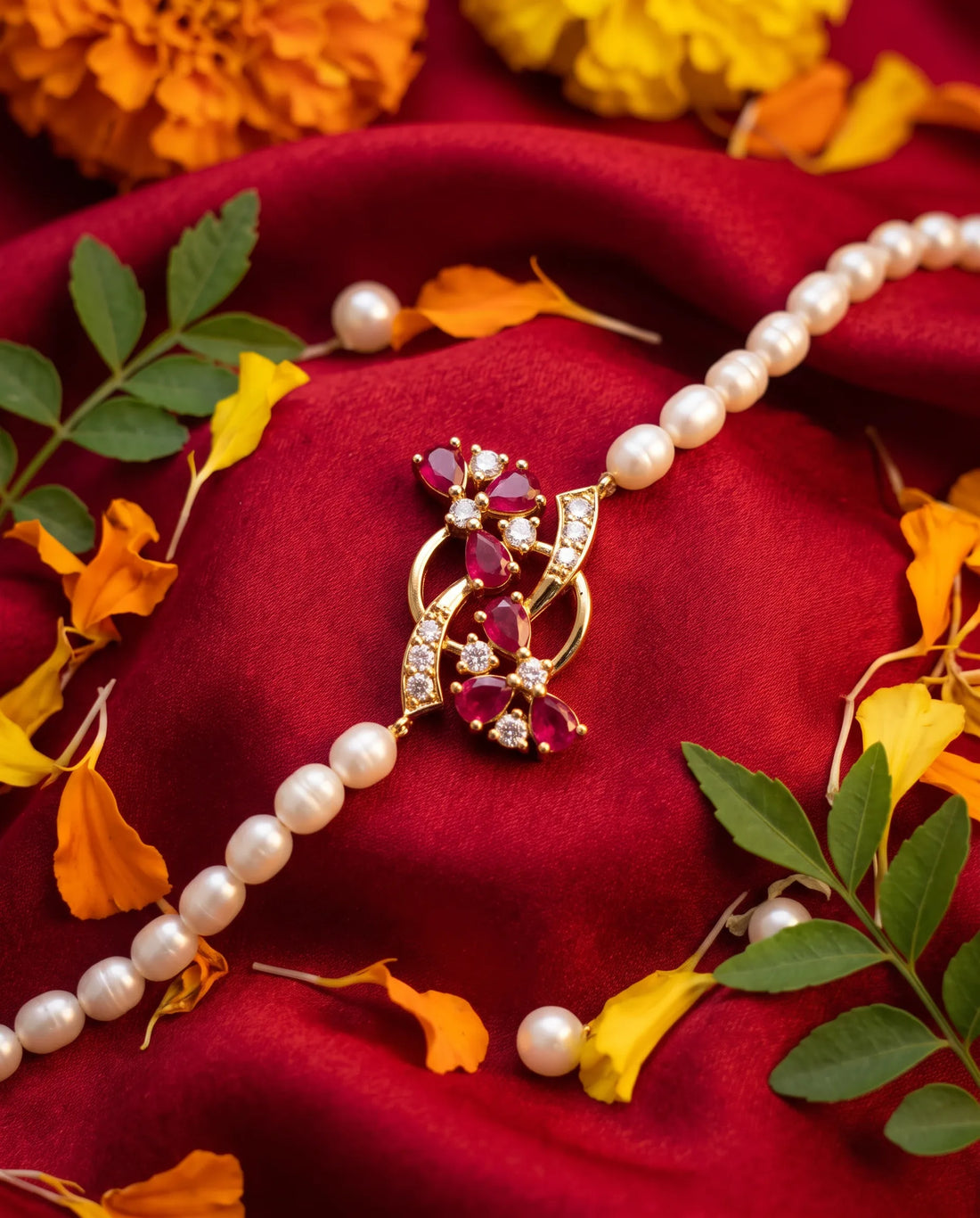 Pearl & Ruby-Style CZ Floral Motif Rakhi cum Bracelet