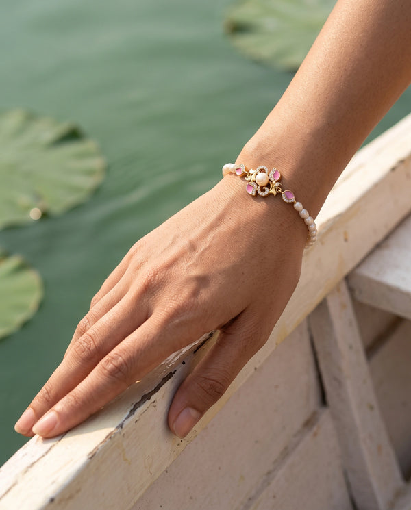 Pearl & Pink Meenakari CZ Floral Motif Bracelet