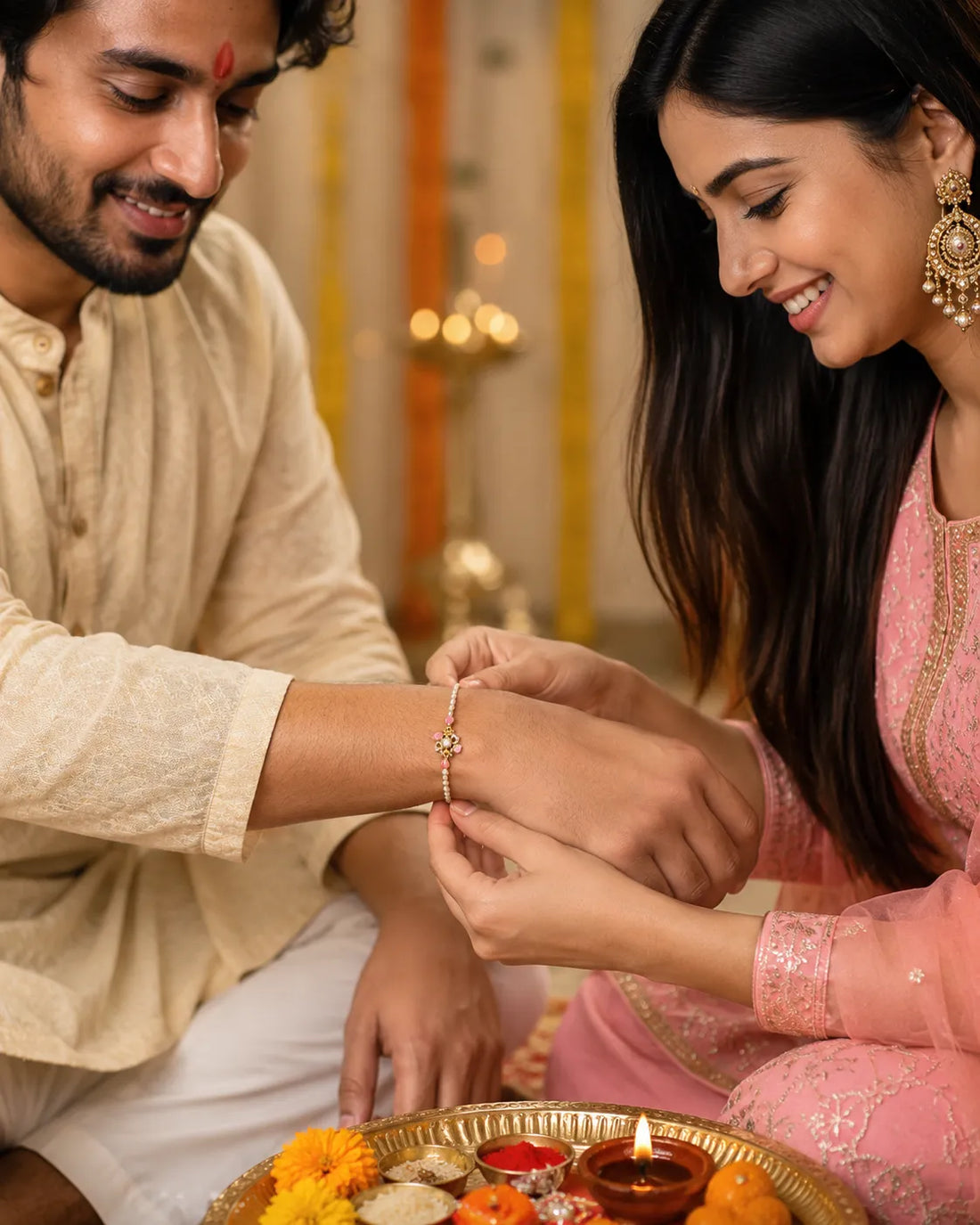 Pearl & Pink Meenakari CZ Floral Motif Rakhi cum Bracelet