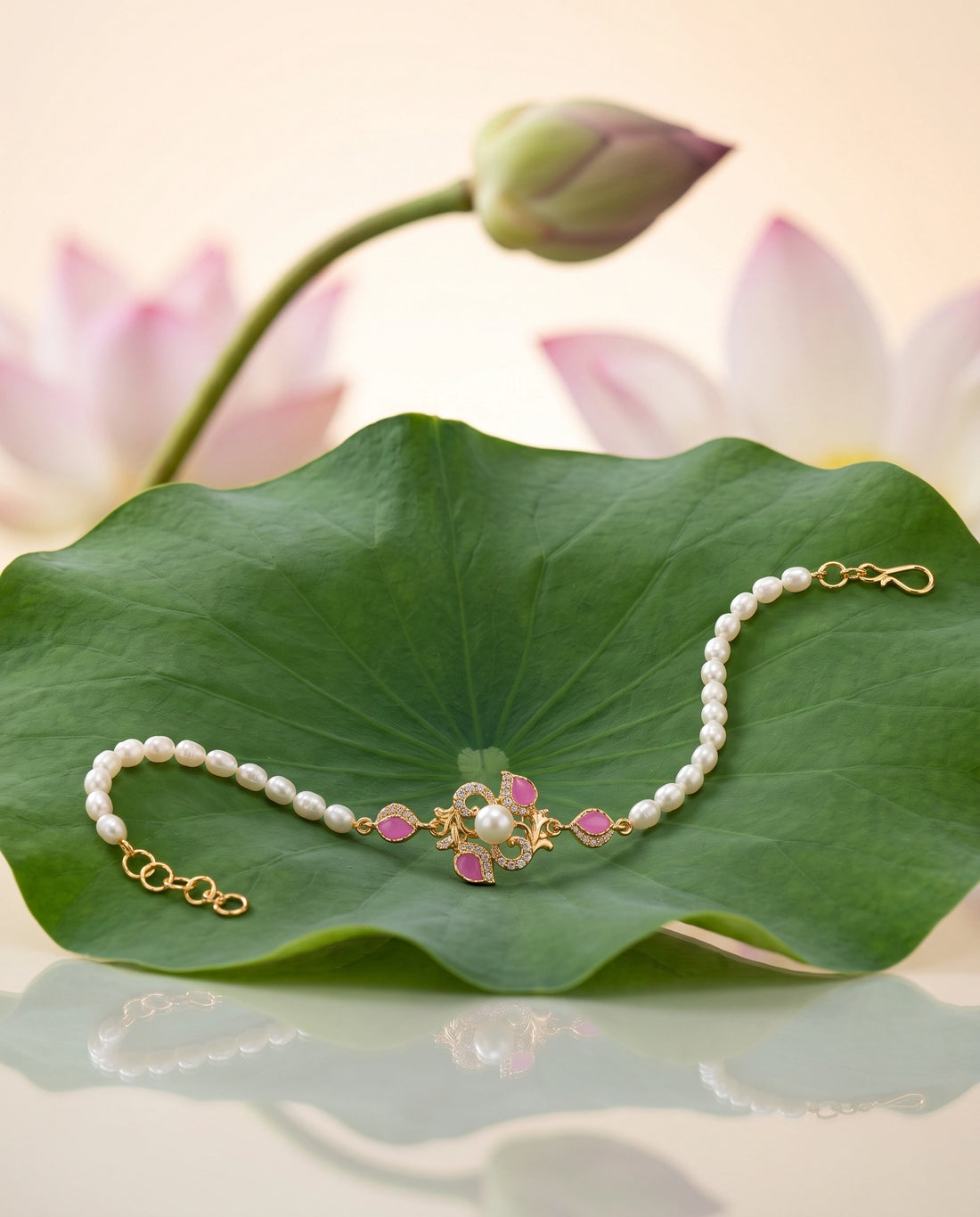 Pearl & Pink Meenakari CZ Floral Motif Bracelet